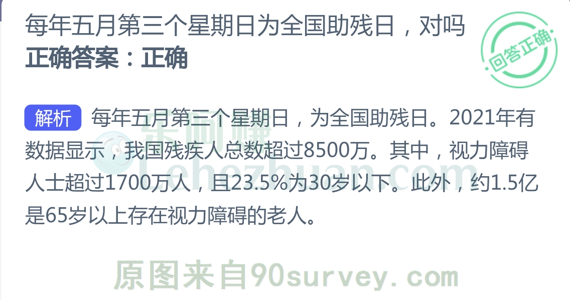 每年五月第三个星期日为全国助残日,对吗?