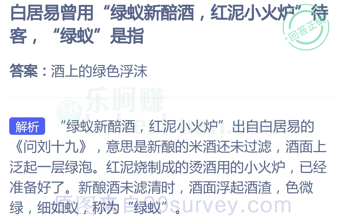 白居易曾用绿蚁新酷酒，红泥小火炉待客，“绿蚁”是指？