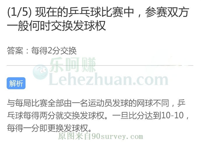 现在的乒乓球比赛中,参赛双方一般何时交换发球权?