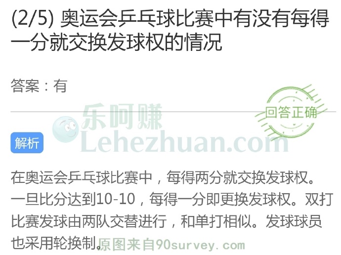 奥运会乒乓球比赛中有没有每得一分就交换发球权的情况?