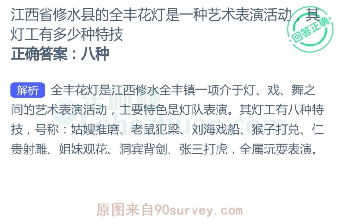 江西省修水县的全丰花灯是一种艺术表演活动,灯工有多少种特技?