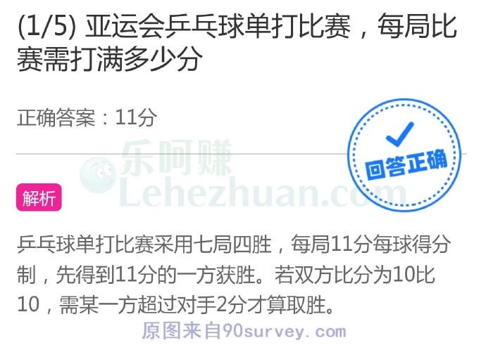 亚运会乒乓球单打比赛,每局比赛需打满多少分?