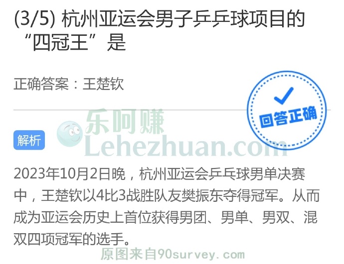 杭州亚运会男子乒乒球项目的“四冠王”是?