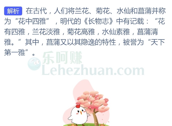 古人常说的"花中四雅"指的是兰花、菊花、水仙和什么?