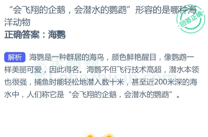 “会飞翔的企鹅,会潜水的鹦鹉”形容的是哪种海洋动物?