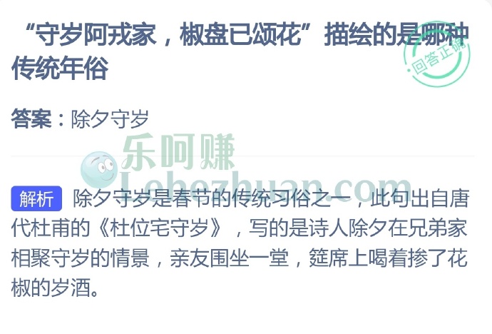 “守岁阿戎家,椒盘已颂花”描绘的是哪种传统年俗?