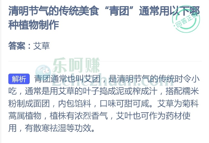 清明节气的传统美食“青团”通常用以下哪种植物制作?