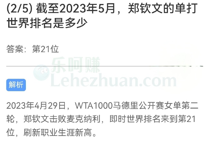 截至2023年5月,郑钦文的单打世界排名是多少?