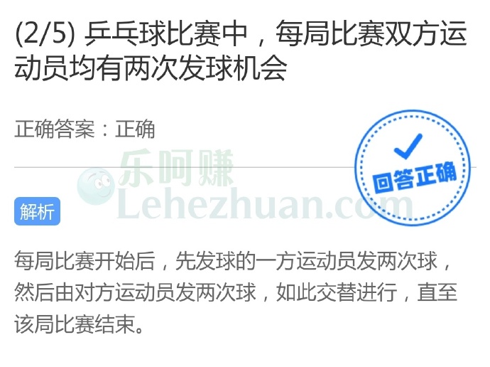 乒乓球比赛中,每局比赛双方运动员均有两次发球机会?