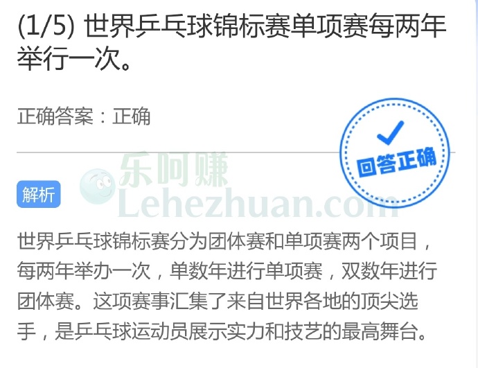 世界乒乓球锦标赛单项赛每两年举行一次?