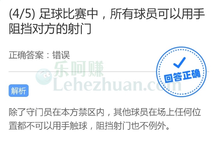 足球比赛中,所有球员可以用手阻挡对方的射门?