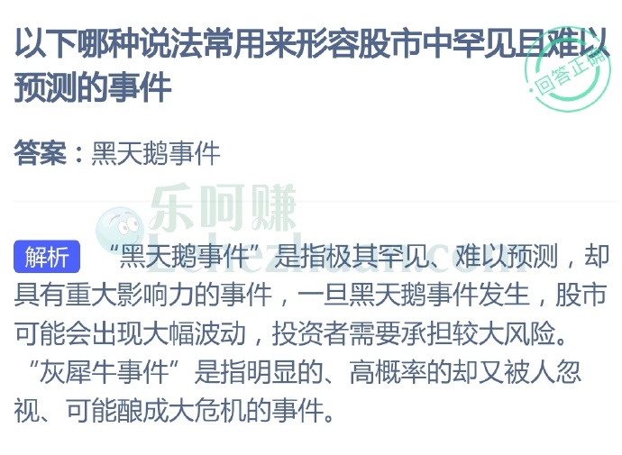 以下哪种说法常用来形容股市中罕见且难以预测的事件?