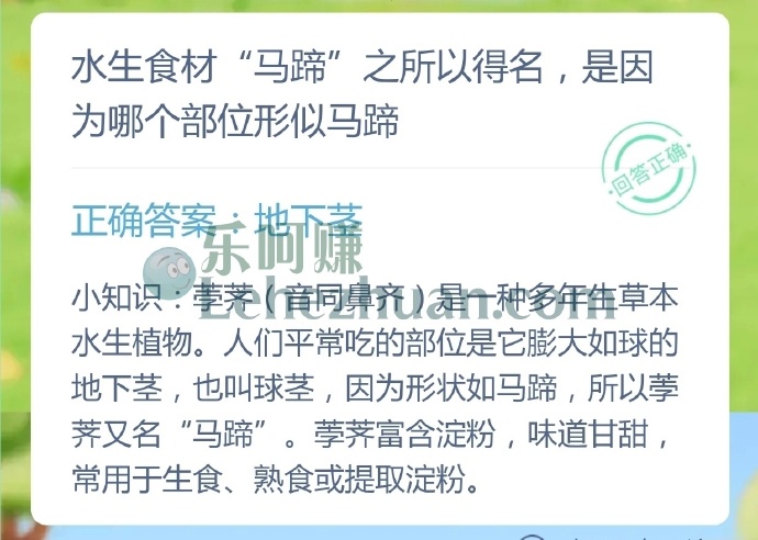 水生食材马蹄之所以得名,是因为哪个部位形似马蹄?